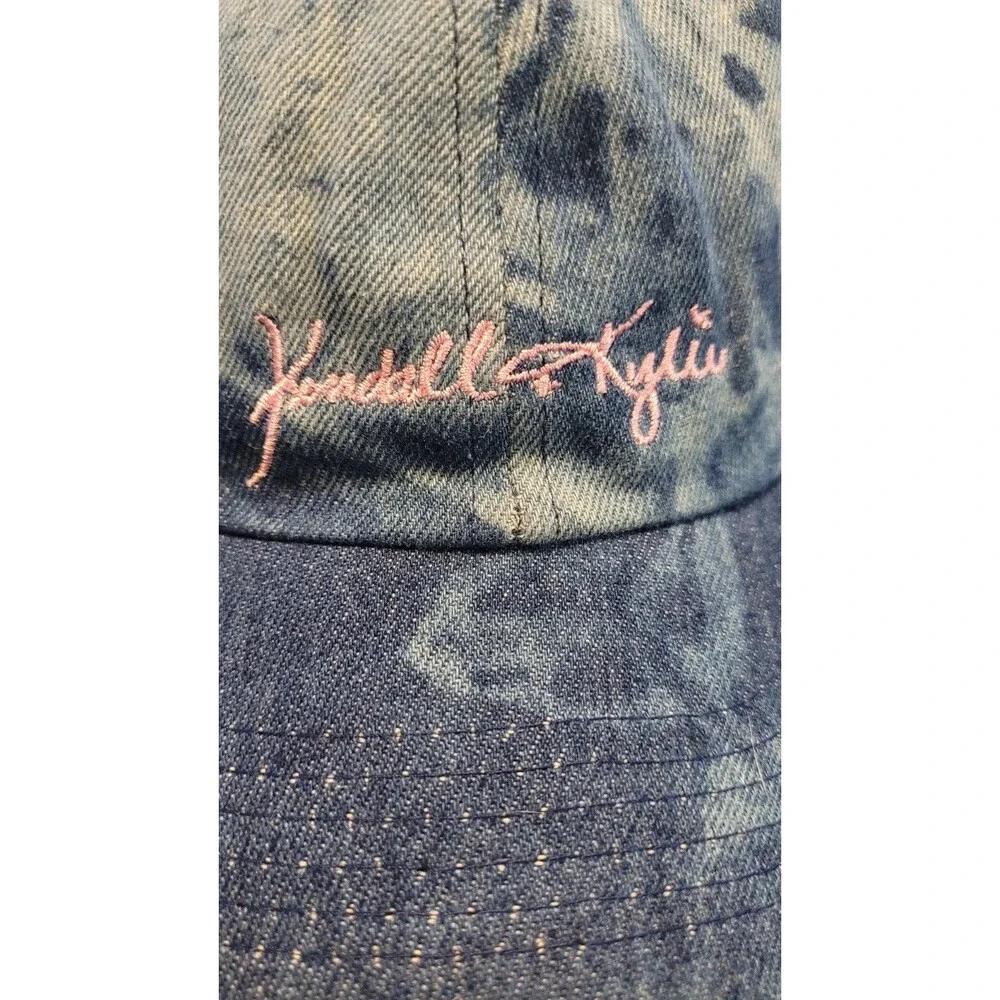 Kendall+Kylie Strapback Dad Hat Bleached Blue Denim Cap Pink Embroidered Logo